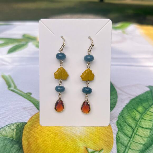 Amber Olivine Maple Czech Glass Leaf Fall Autumn Winter Fun Casual Earrings - Picture 1 of 7